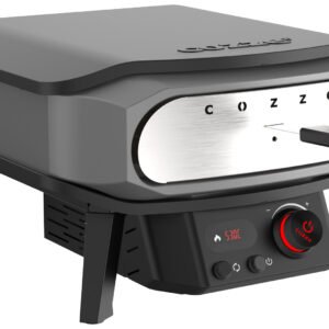 COZZE Pizzaofen elektrisch PREMIUM 34 cm 13" mit drehbarem Pizzastein & Digital-Thermometer - inkl. Hitzeschild
