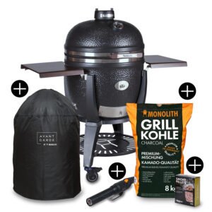 Monolith Grill AVANTGARDE.66 Satin-Mattschwarz - mit Gestell + Seitentischen - inkl. Zubehör-Starterpaket